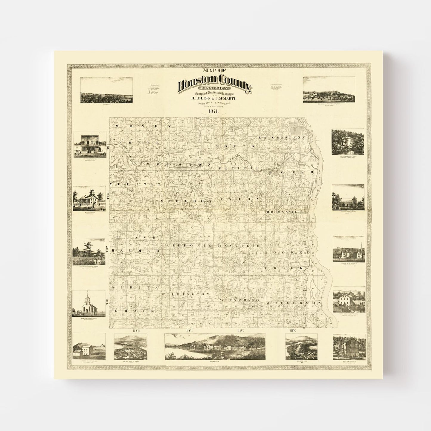 Vintage Map of Houston County, Minnesota, 1871