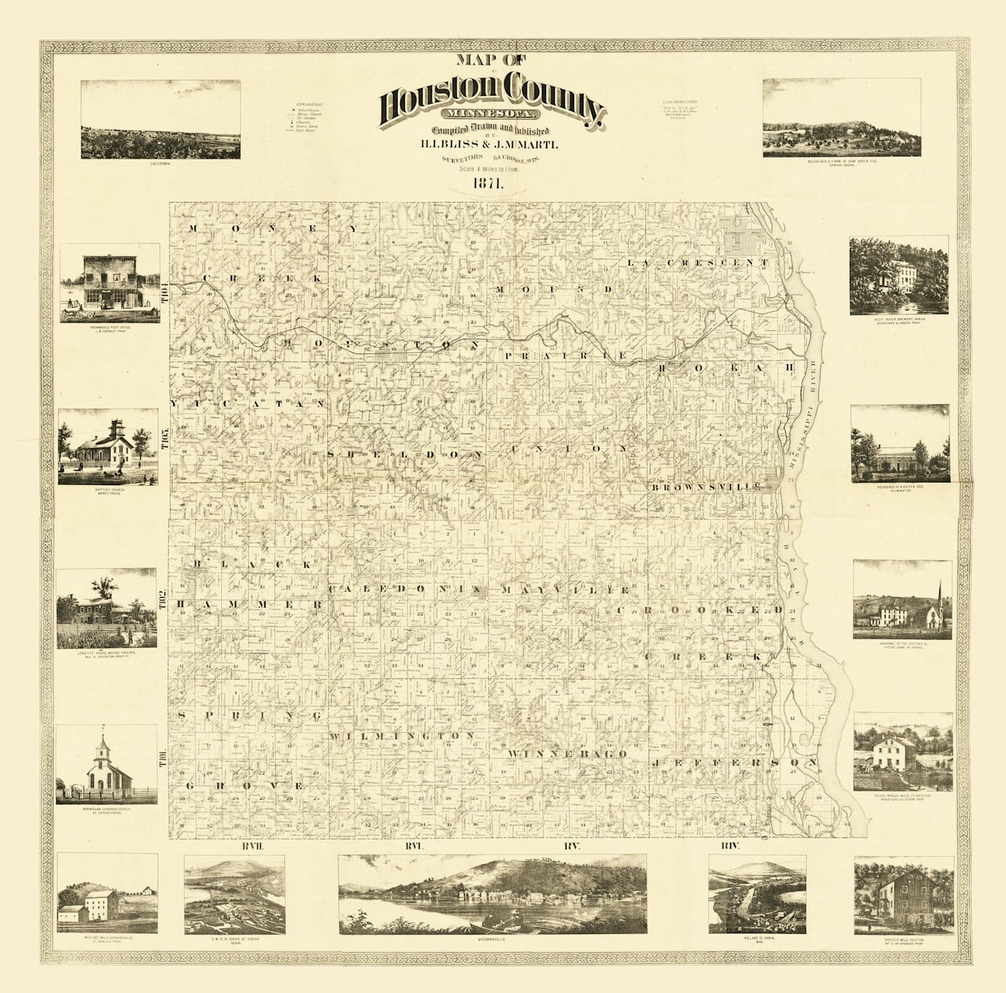 Vintage Map of Houston County, Minnesota, 1871
