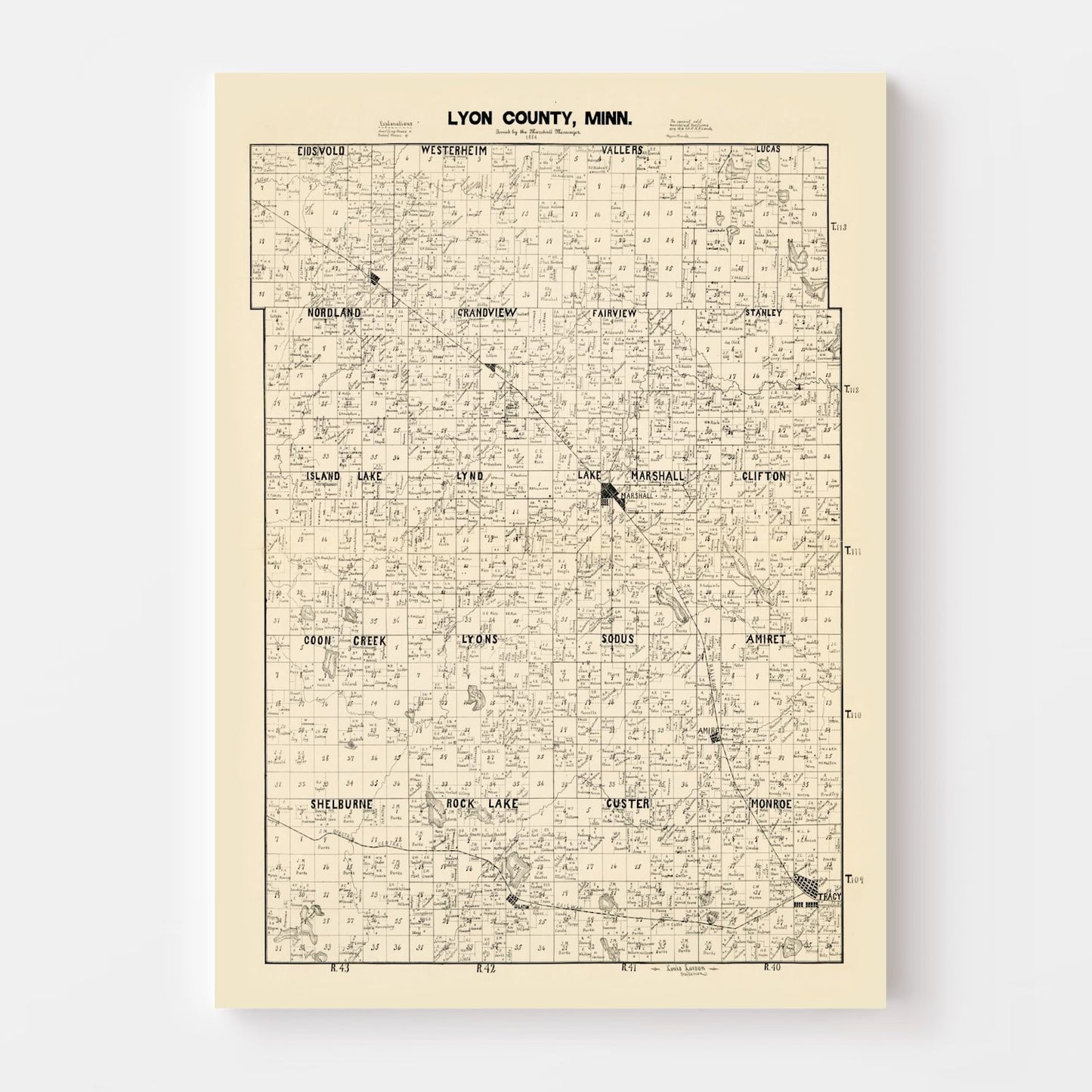 Vintage Map of Lyon County, Minnesota, 1884