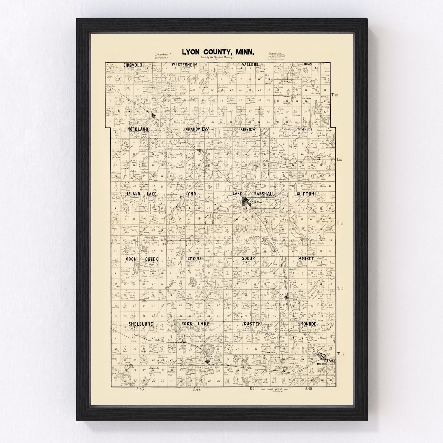 Vintage map of Lyon County, Minnesota, 1884