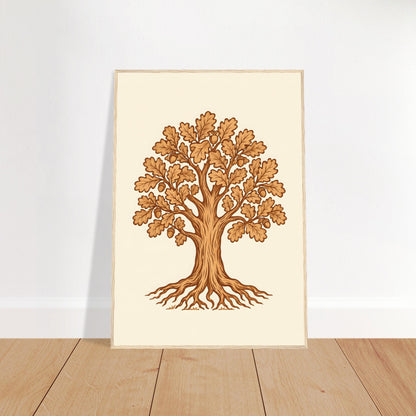 Oak tree print in leather tones in a natural wood frame