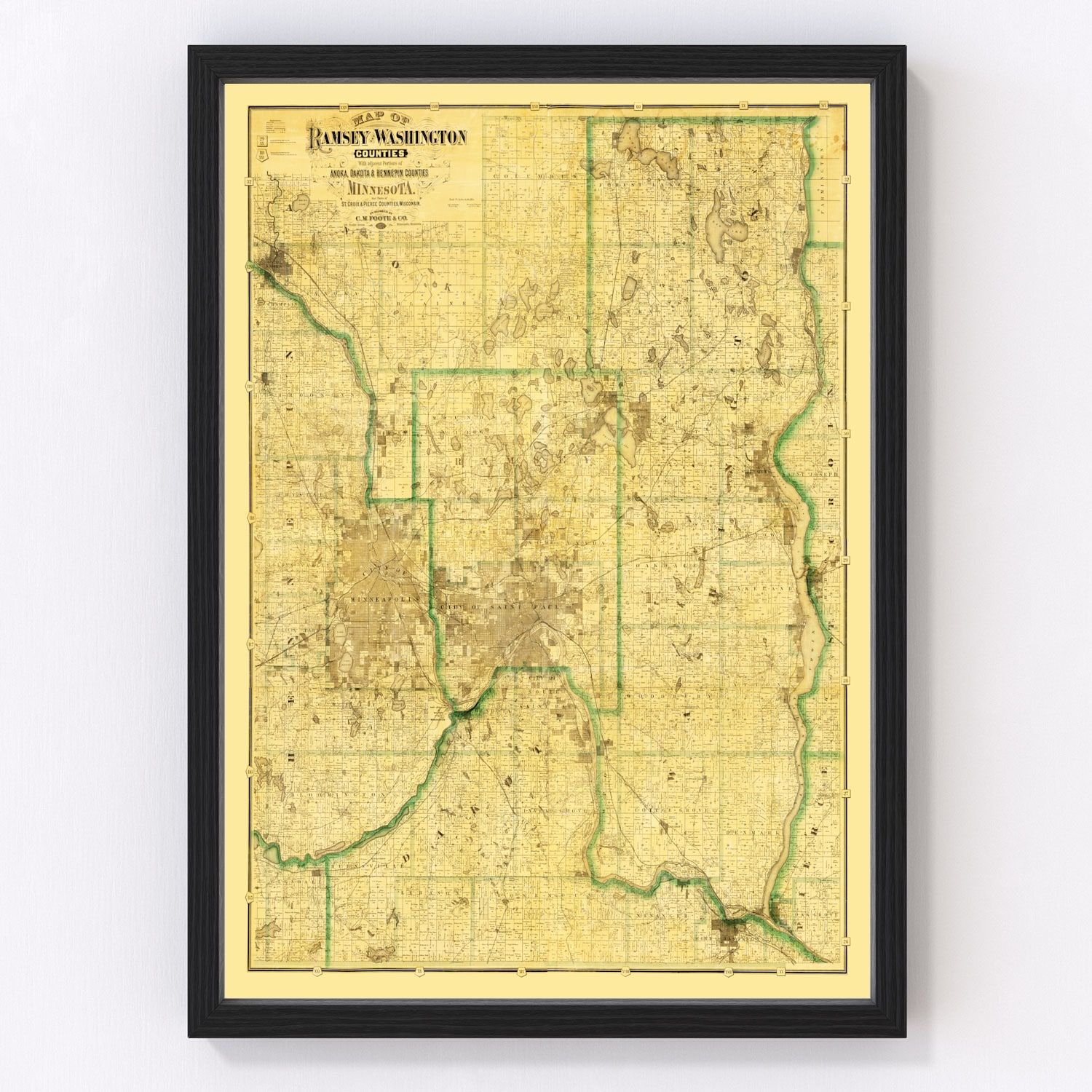 Vintage map of Washington County, Minnesota, 1887, showing townships and lakes east of St. Paul