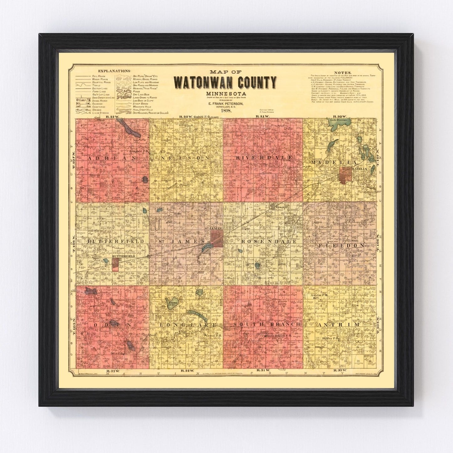 Vintage map of Watonwan County, Minnesota, 1898, river valley towns and farmsteads