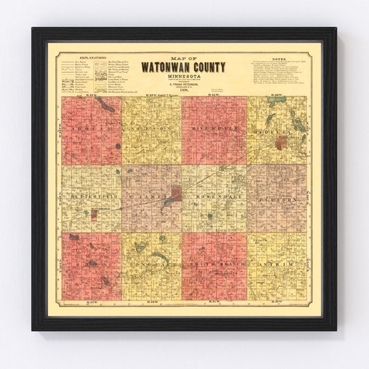 Vintage map of Watonwan County, Minnesota, 1898, river valley towns and farmsteads