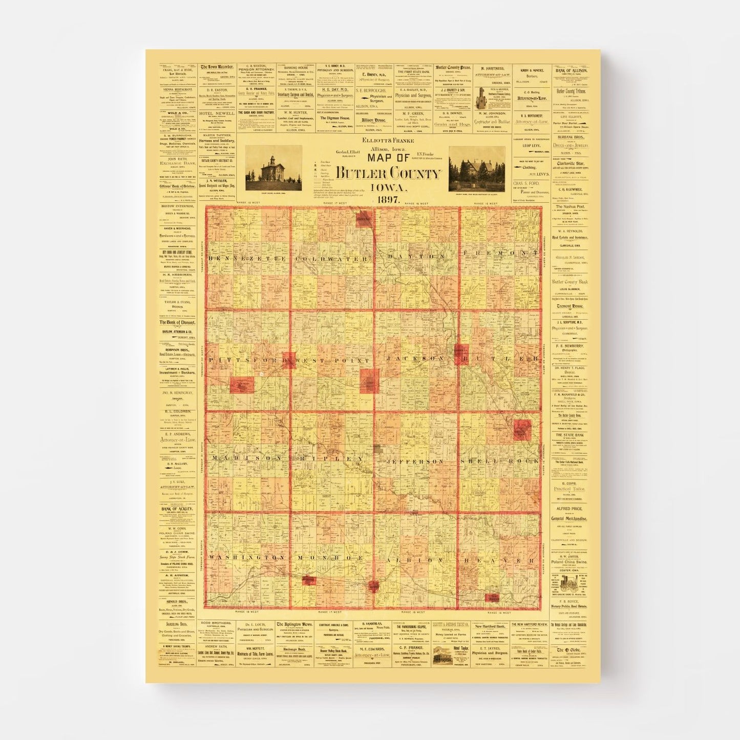 Vintage Map of Butler County, Iowa, 1897 Wall Art