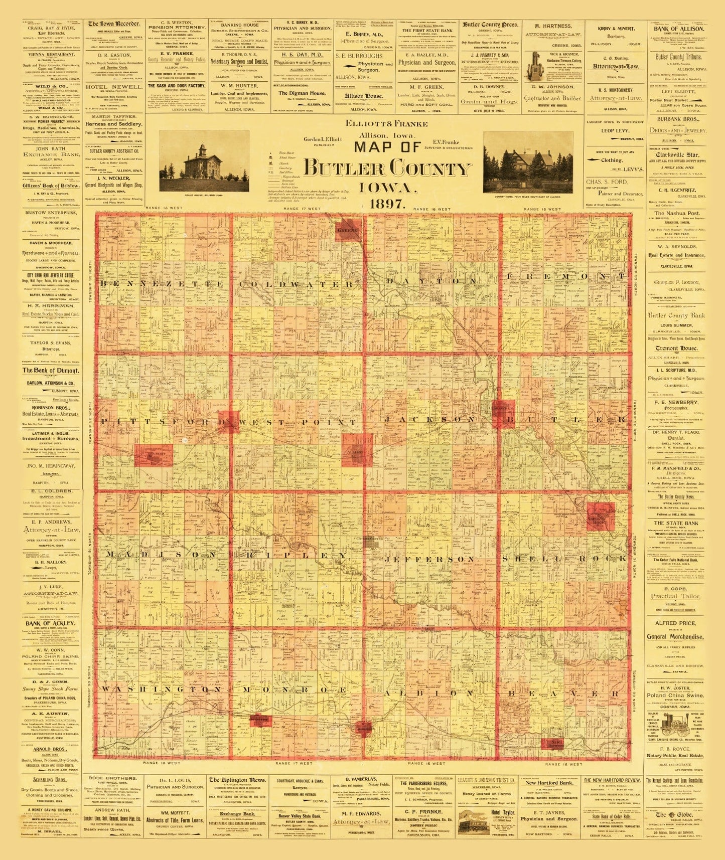 Vintage Map of Butler County, Iowa, 1897 Wall Art