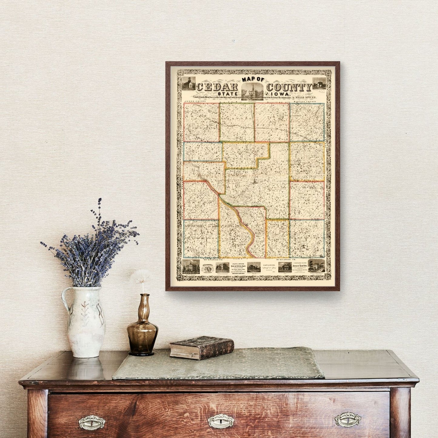 Vintage Map of Cedar County, Iowa, 1863