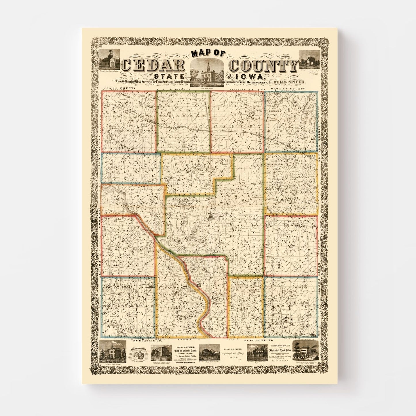 Vintage Map of Cedar County, Iowa, 1863
