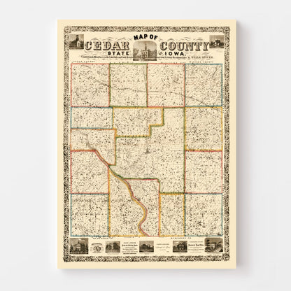 Vintage Map of Cedar County, Iowa, 1863