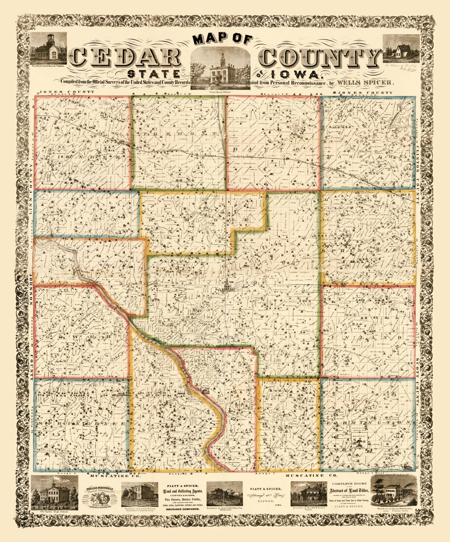 Vintage Map of Cedar County, Iowa, 1863