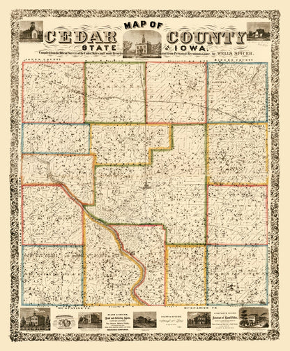 Vintage Map of Cedar County, Iowa, 1863