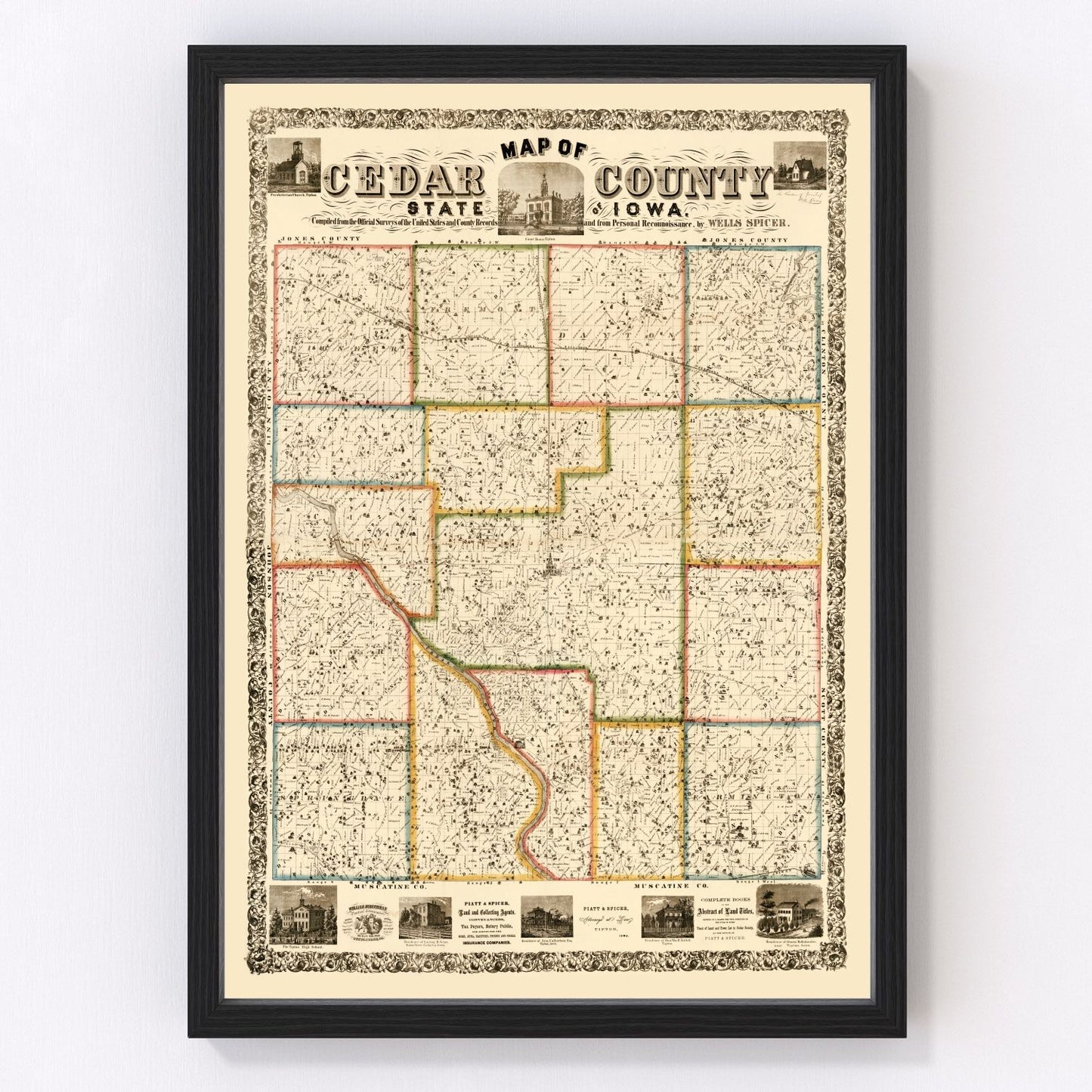 Vintage map of Cedar County, Iowa, 1863, restored vintage wall art print