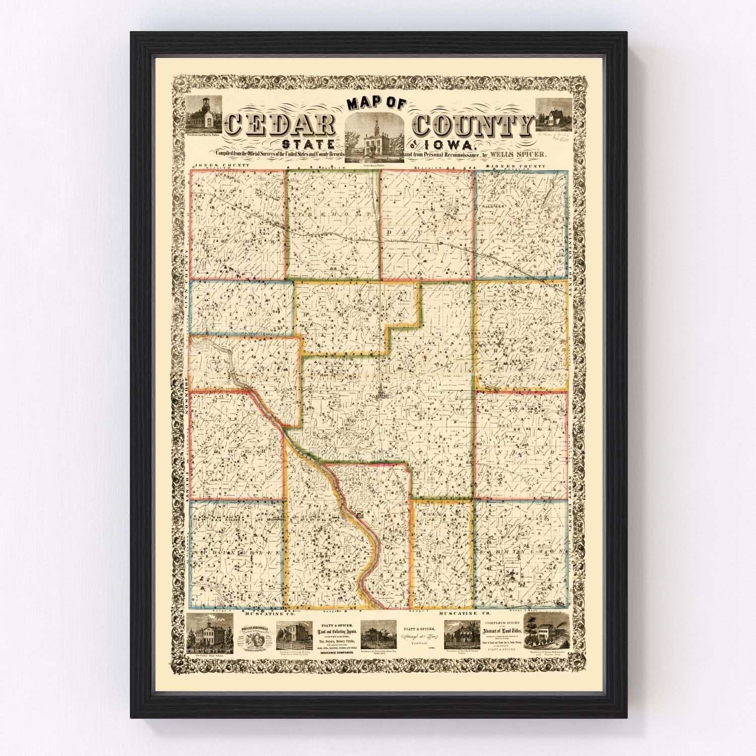 Vintage map of Cedar County, Iowa, 1863, restored vintage wall art print