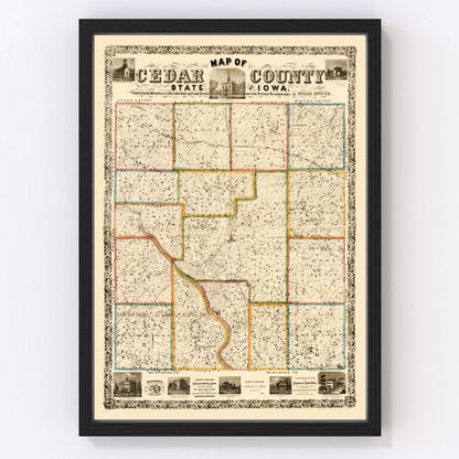 Vintage map of Cedar County, Iowa, 1863, restored vintage wall art print