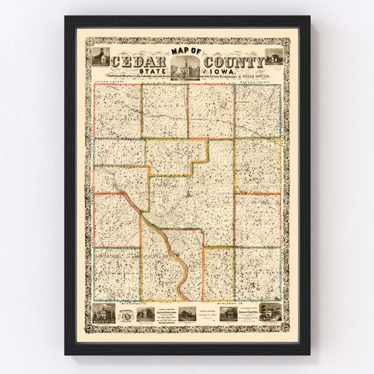 Vintage map of Cedar County, Iowa, 1863, restored vintage wall art print