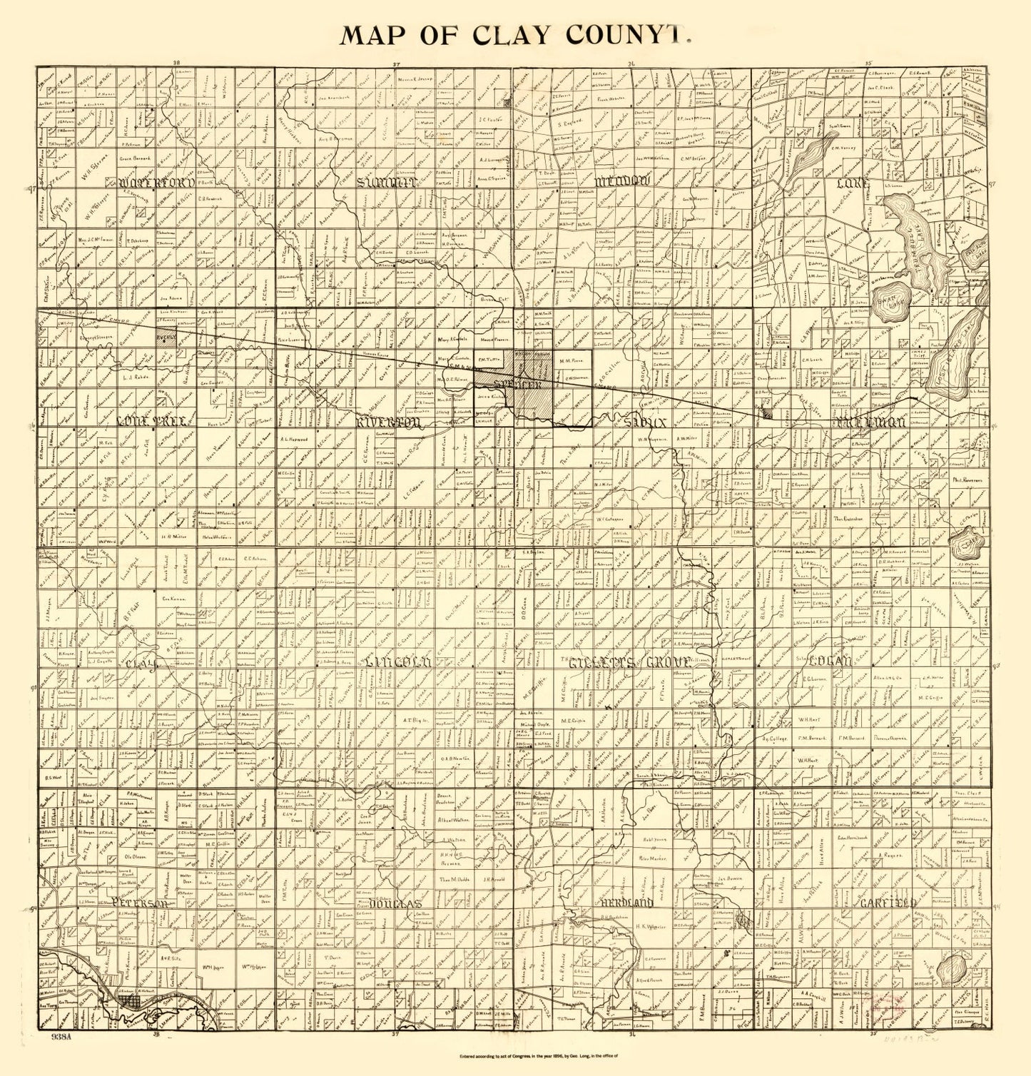 Vintage Map of Clay County, Iowa, 1896