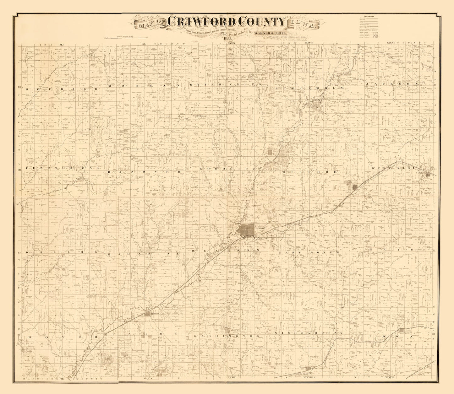 Vintage Map of Crawford County, Iowa, 1883
