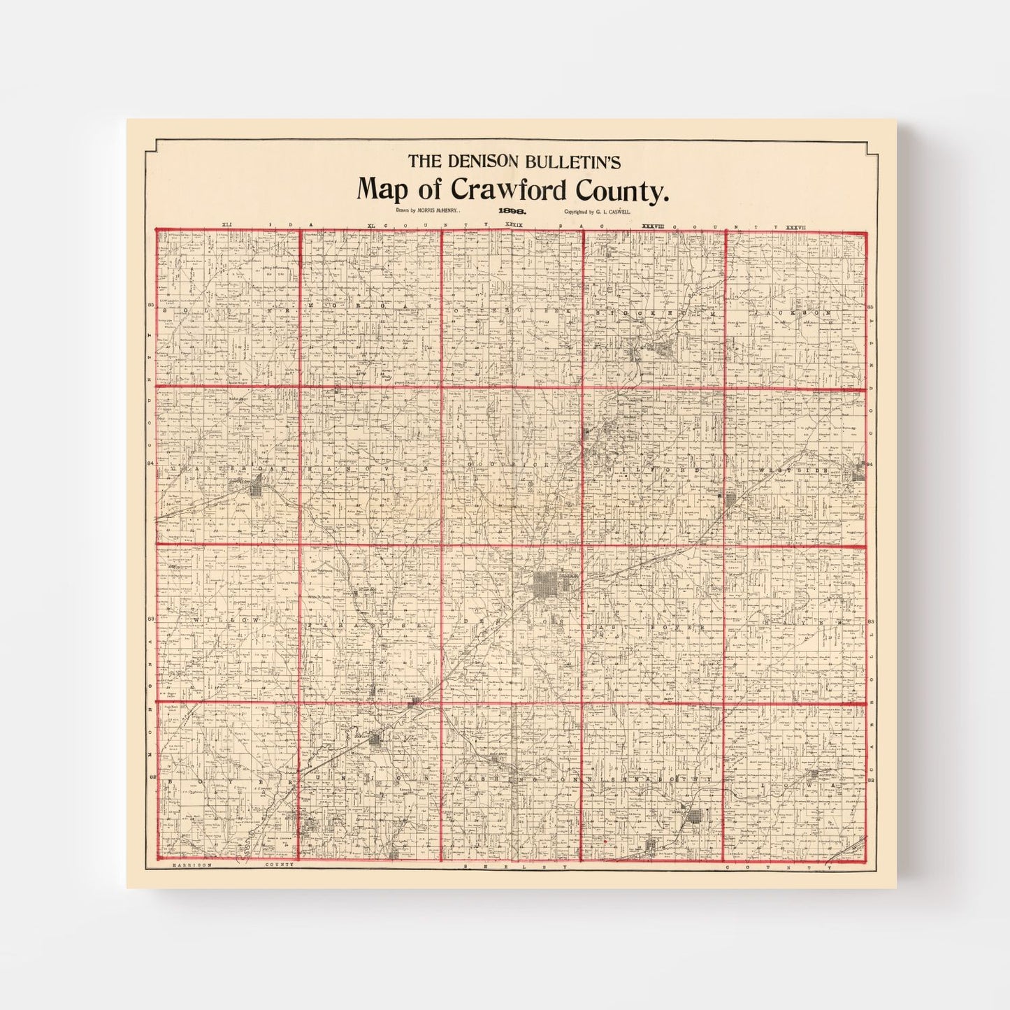 Vintage Map of Crawford County, Iowa 1898