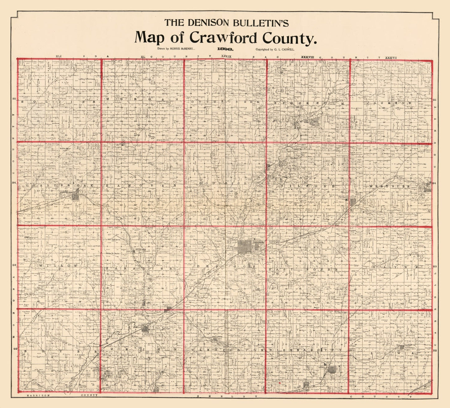 Vintage Map of Crawford County, Iowa 1898