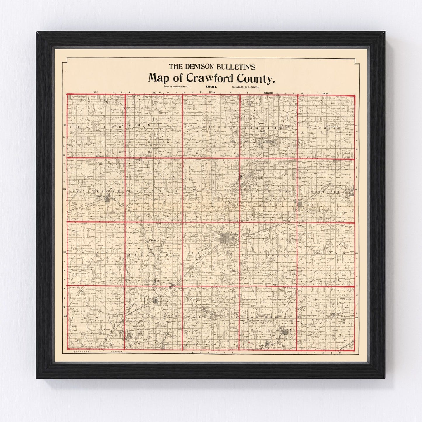Vintage restored map of Crawford County, Iowa, 1898, Gilded Age township detail