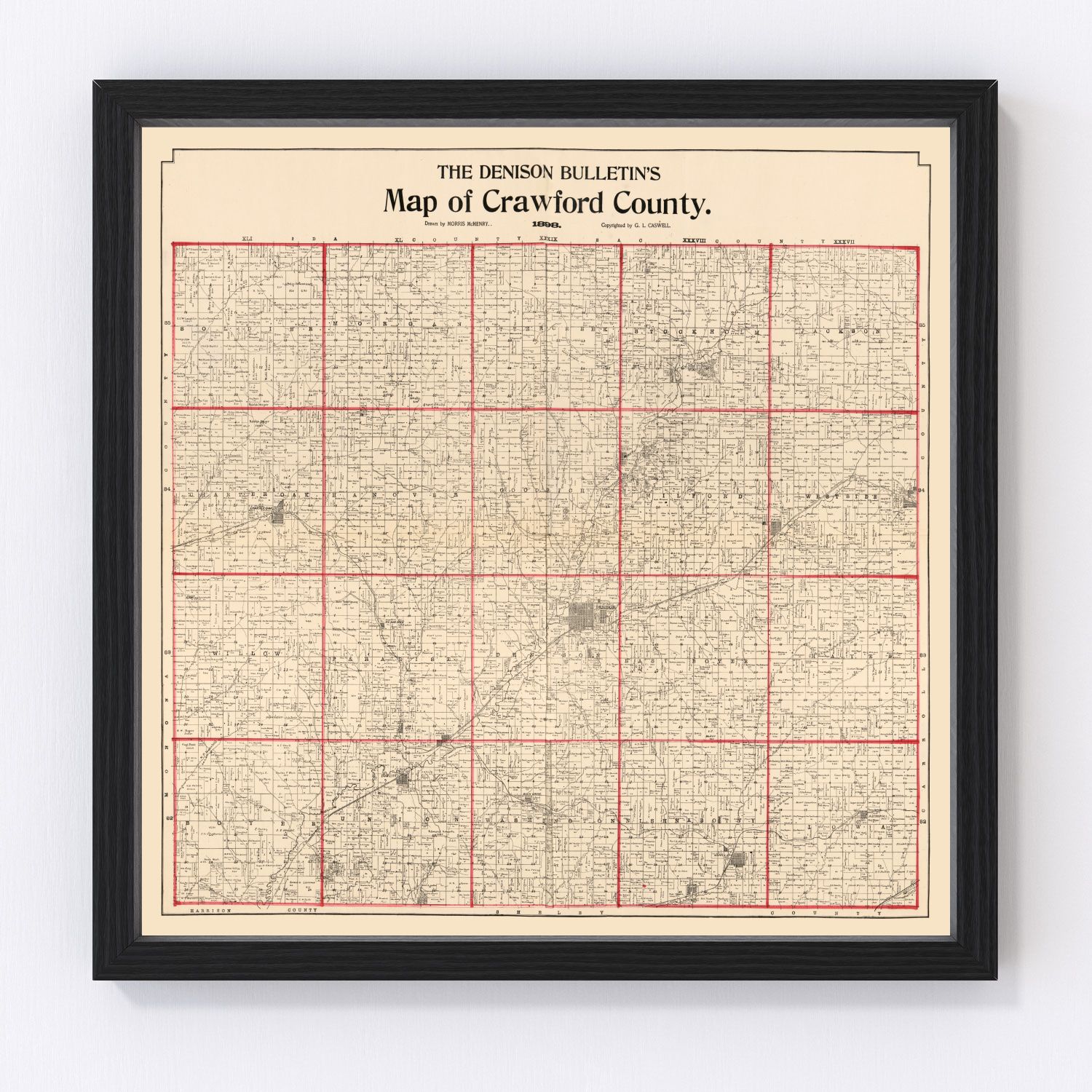 Vintage restored map of Crawford County, Iowa, 1898, Gilded Age township detail