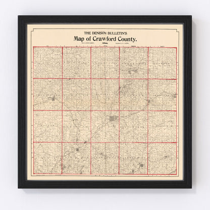 Vintage restored map of Crawford County, Iowa, 1898, Gilded Age township detail