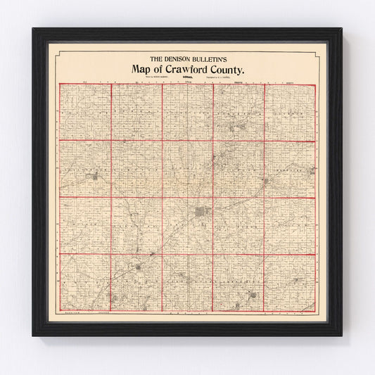 Vintage restored map of Crawford County, Iowa, 1898, Gilded Age township detail