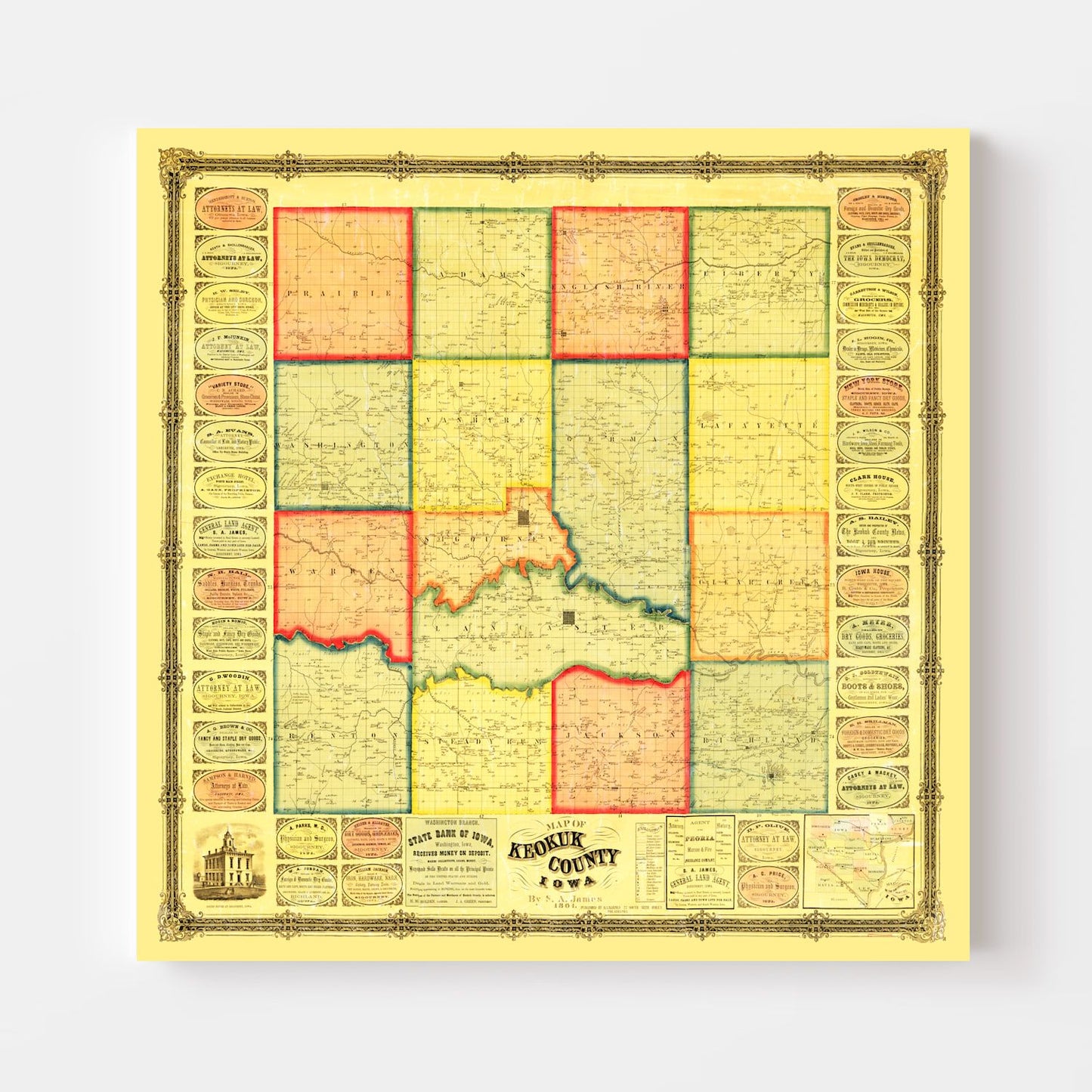 Vintage Map of Keokuk County, Iowa, 1861