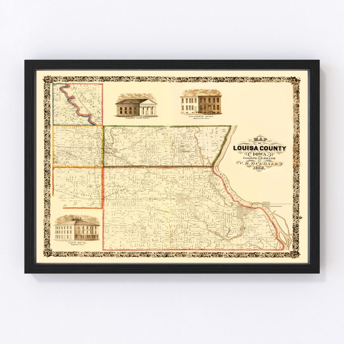 vintage map of Louisa County, Iowa, 1858