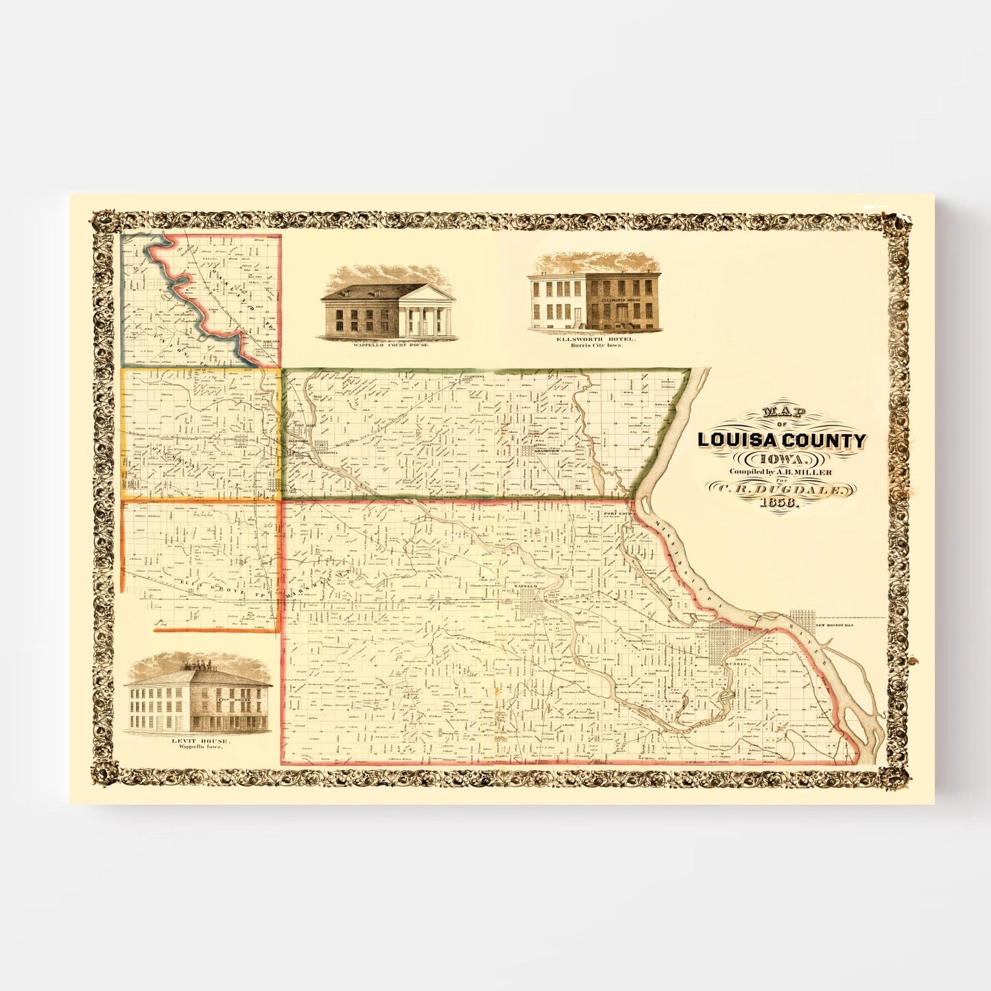 Vintage Map of Louisa County, Iowa, 1858