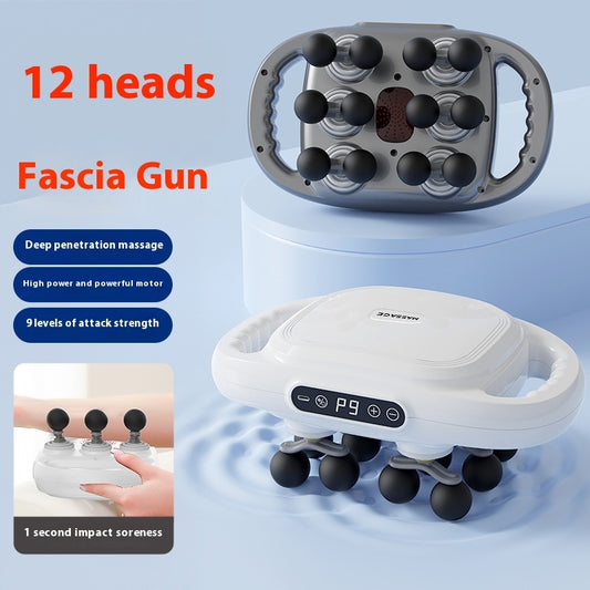 Fascia gun with multiple heads on a light blue background