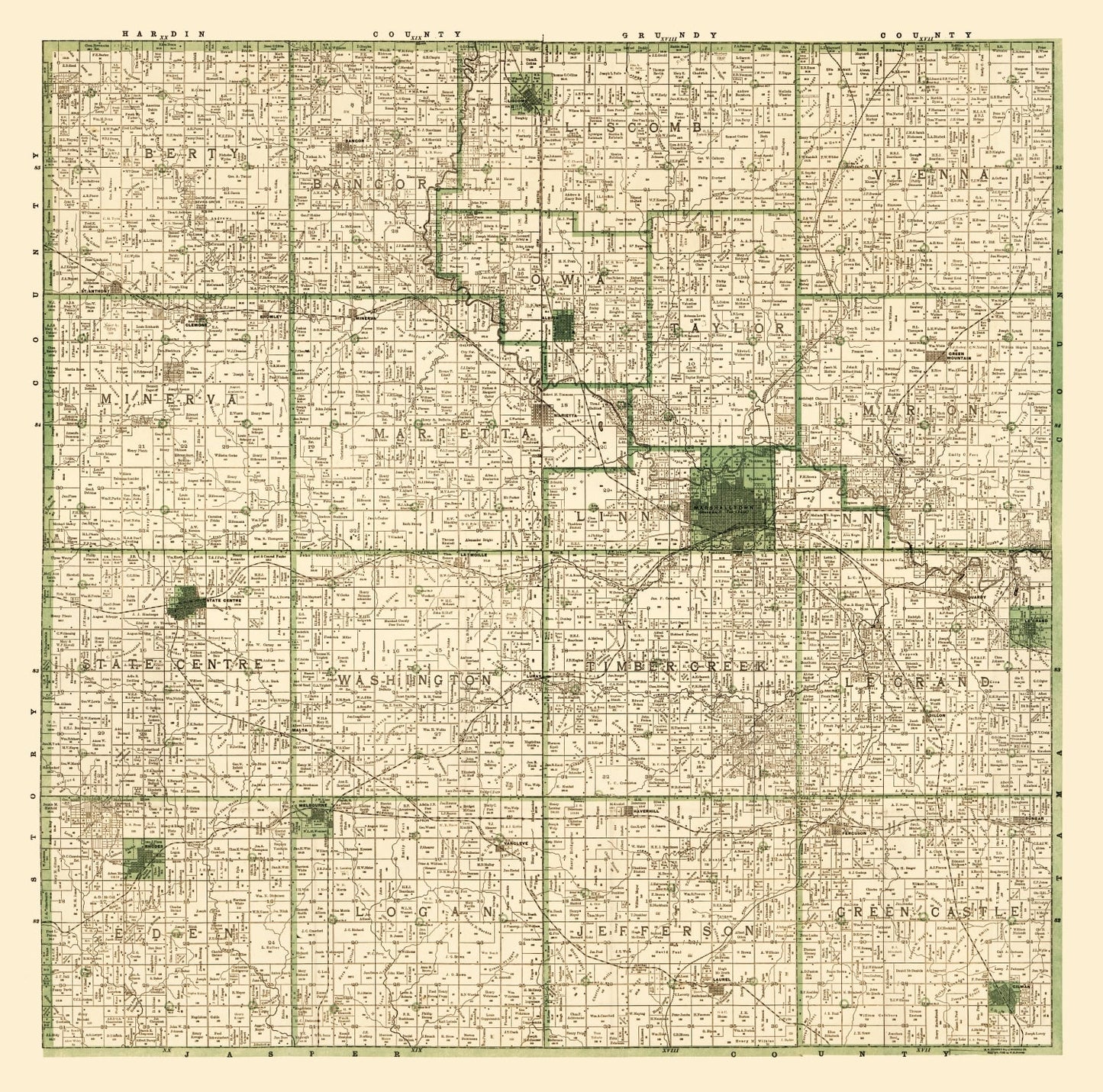 Vintage Map of Marshall County, Iowa, 1896