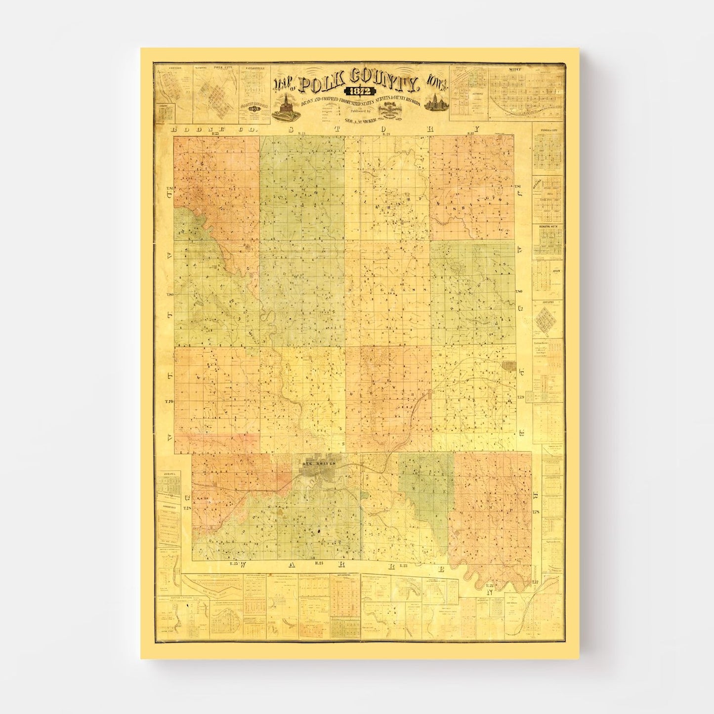 Vintage Map of Polk County, Iowa, 1872