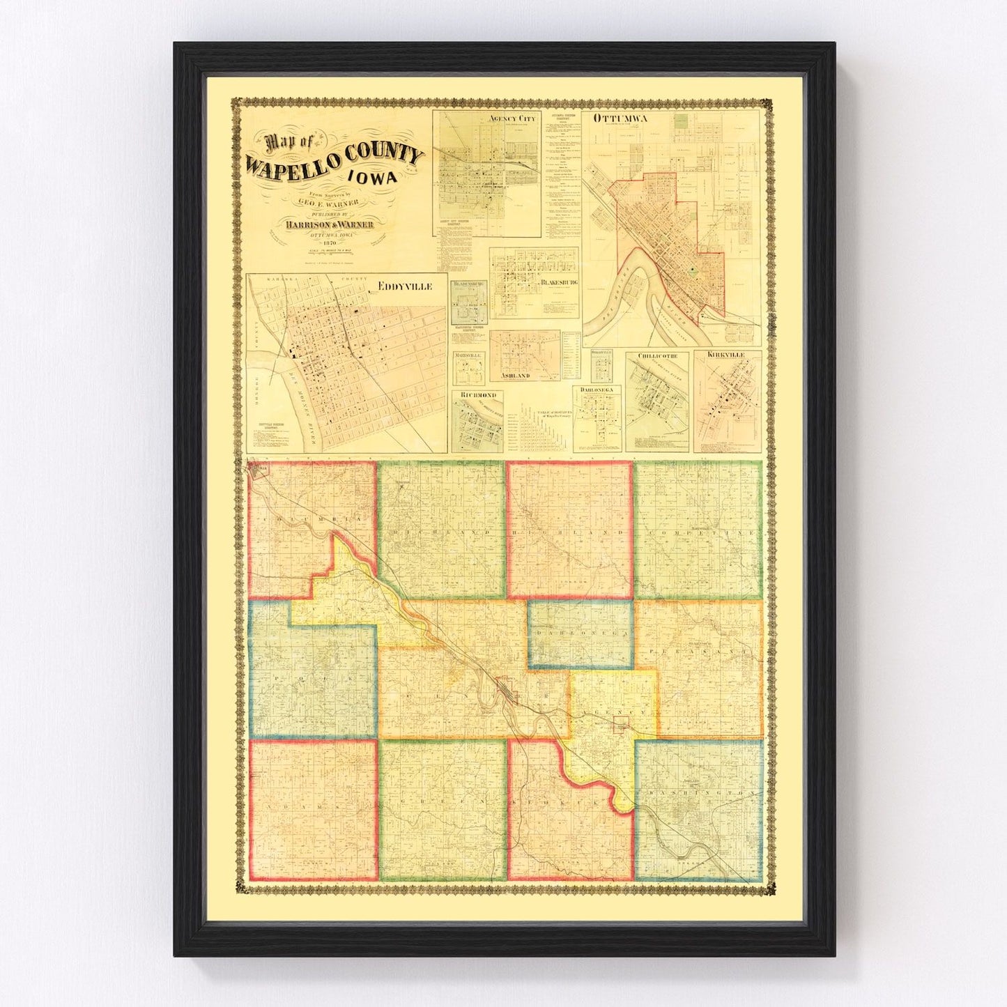 Vintage map of Wapello County, Iowa, 1870, digitally restored