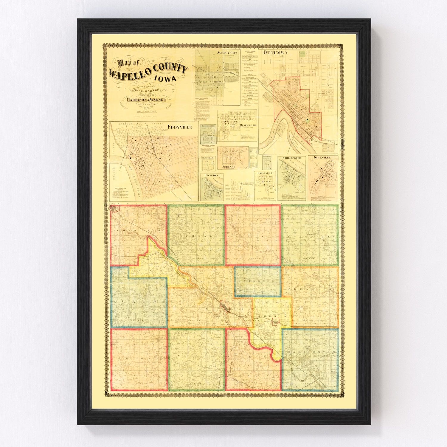 Vintage map of Wapello County, Iowa, 1870, digitally restored
