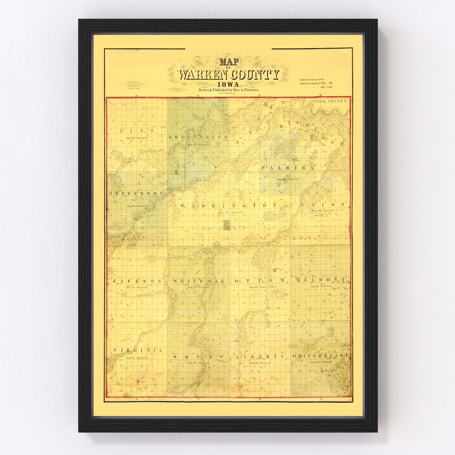 Vintage map of Warren County, Iowa, 1859, digitally restored