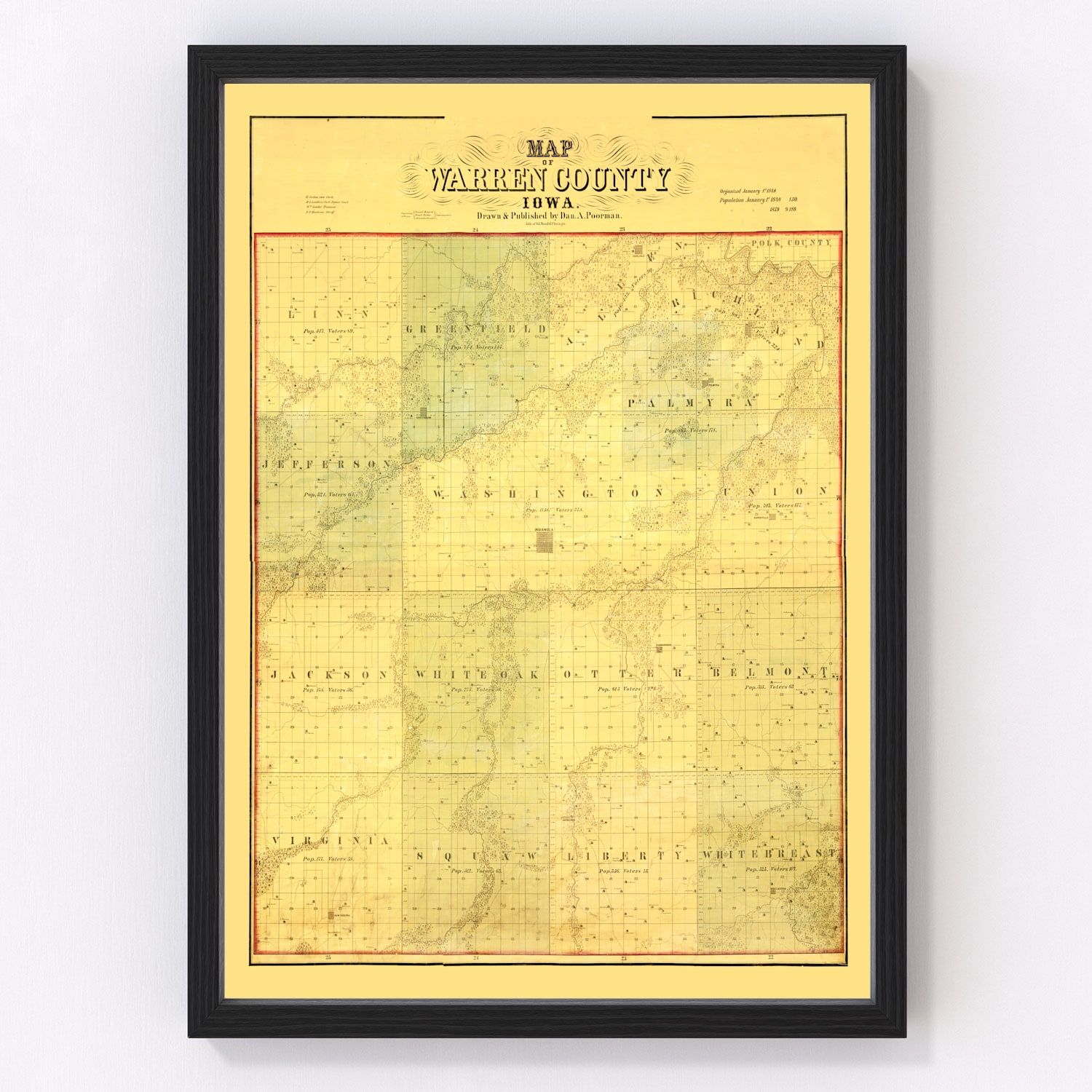 Vintage map of Warren County, Iowa, 1859, digitally restored
