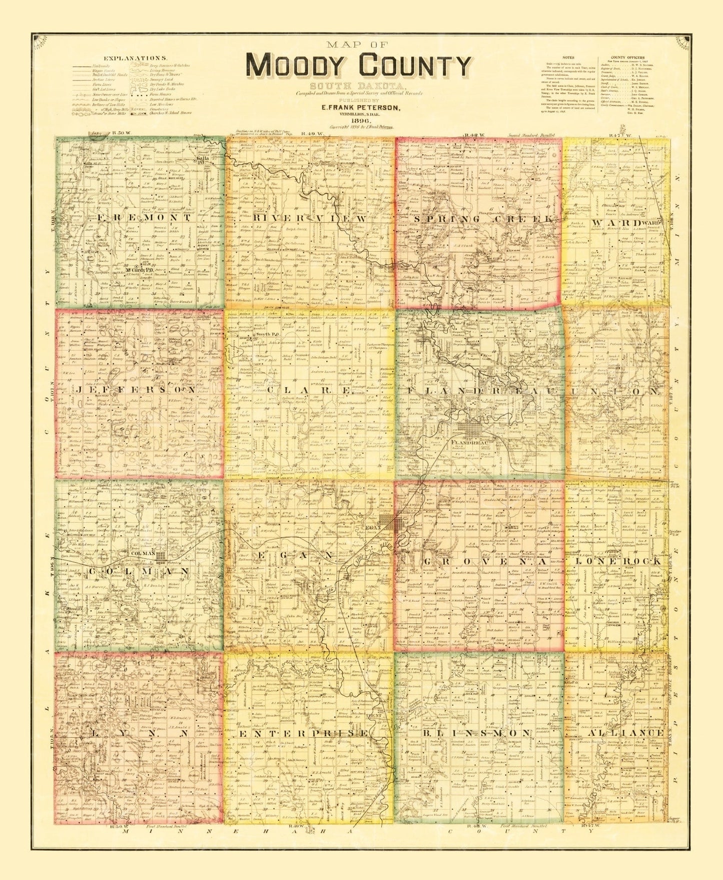 Vintage Map of Moody County, South Dakota, 1896