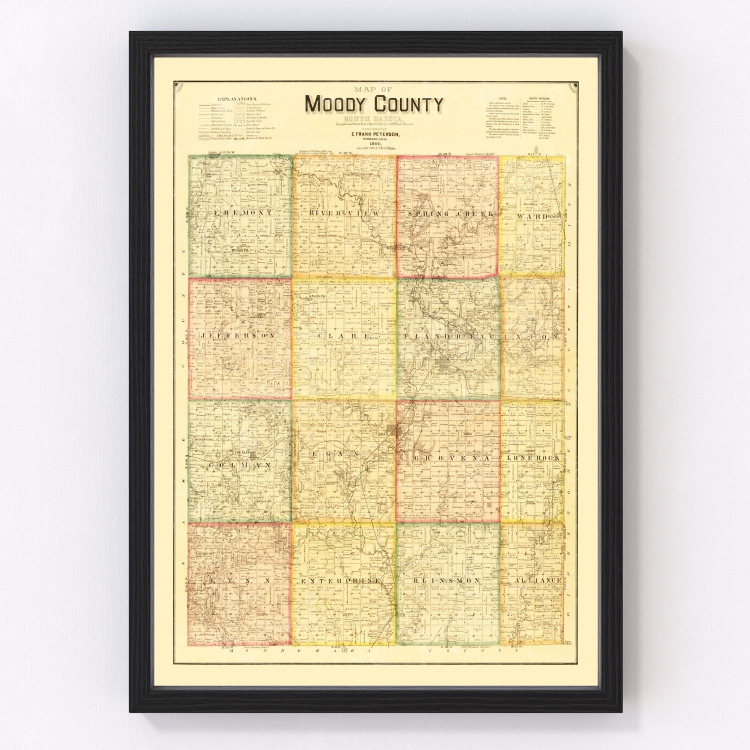 Vintage map of Moody County, South Dakota, 1896
