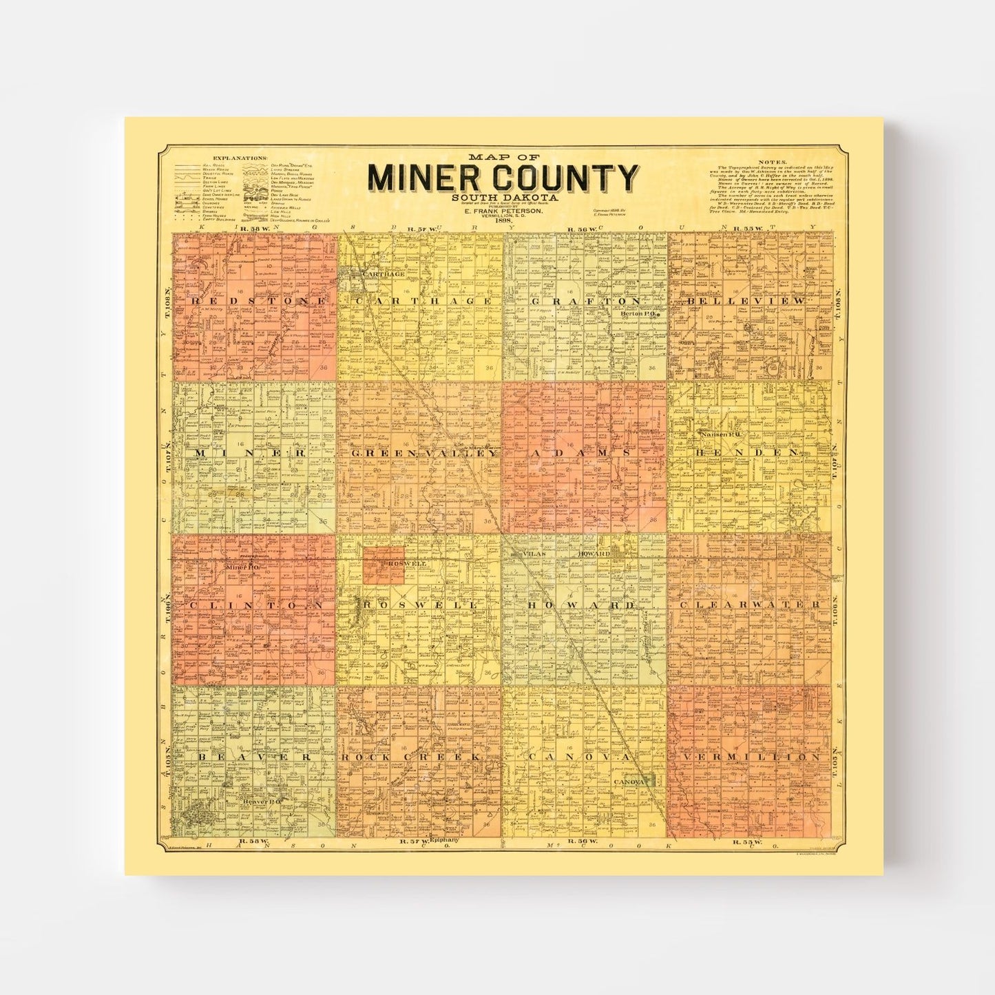 Vintage Map of Miner County, South Dakota, 1898