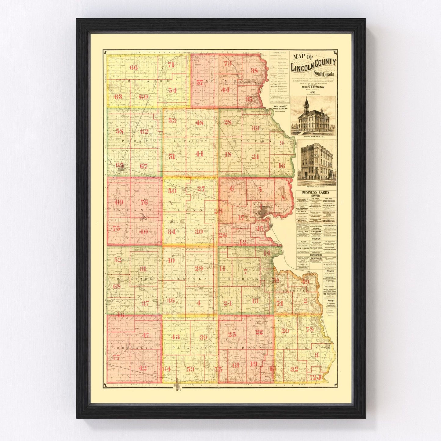 vintage map of Lincoln County, South Dakota, Sioux Falls and Canton, 1892