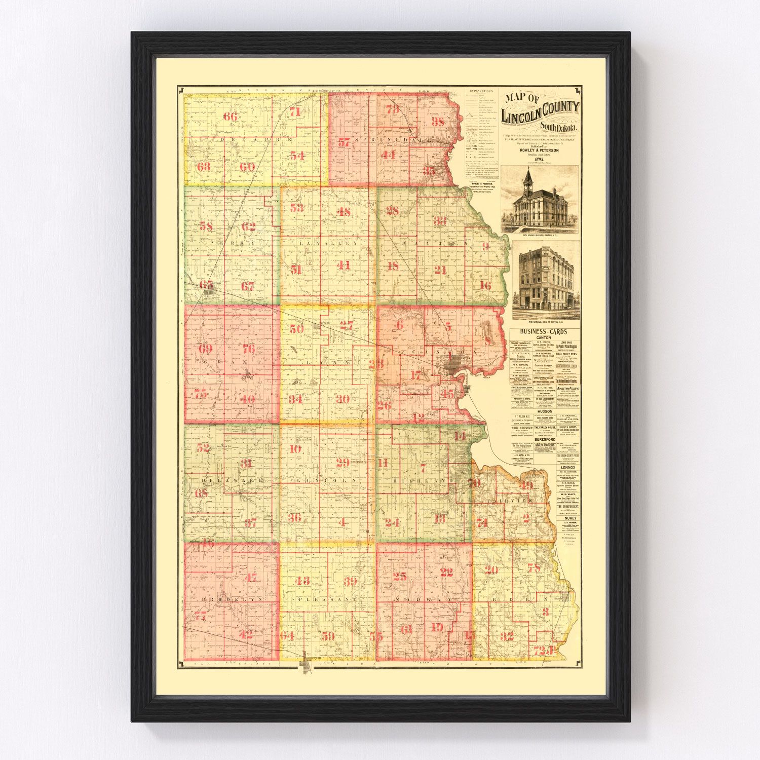 vintage map of Lincoln County, South Dakota, Sioux Falls and Canton, 1892