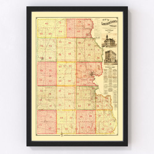 vintage map of Lincoln County, South Dakota, Sioux Falls and Canton, 1892