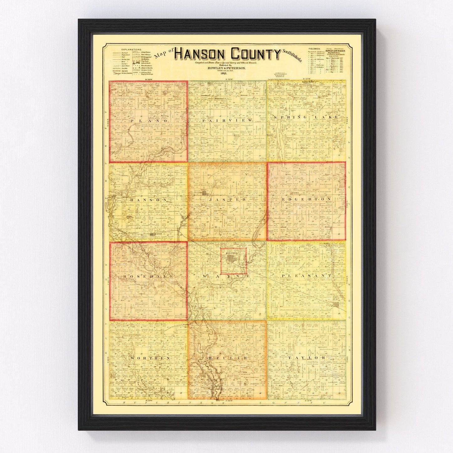 Vintage map of Hanson County, South Dakota, 1893