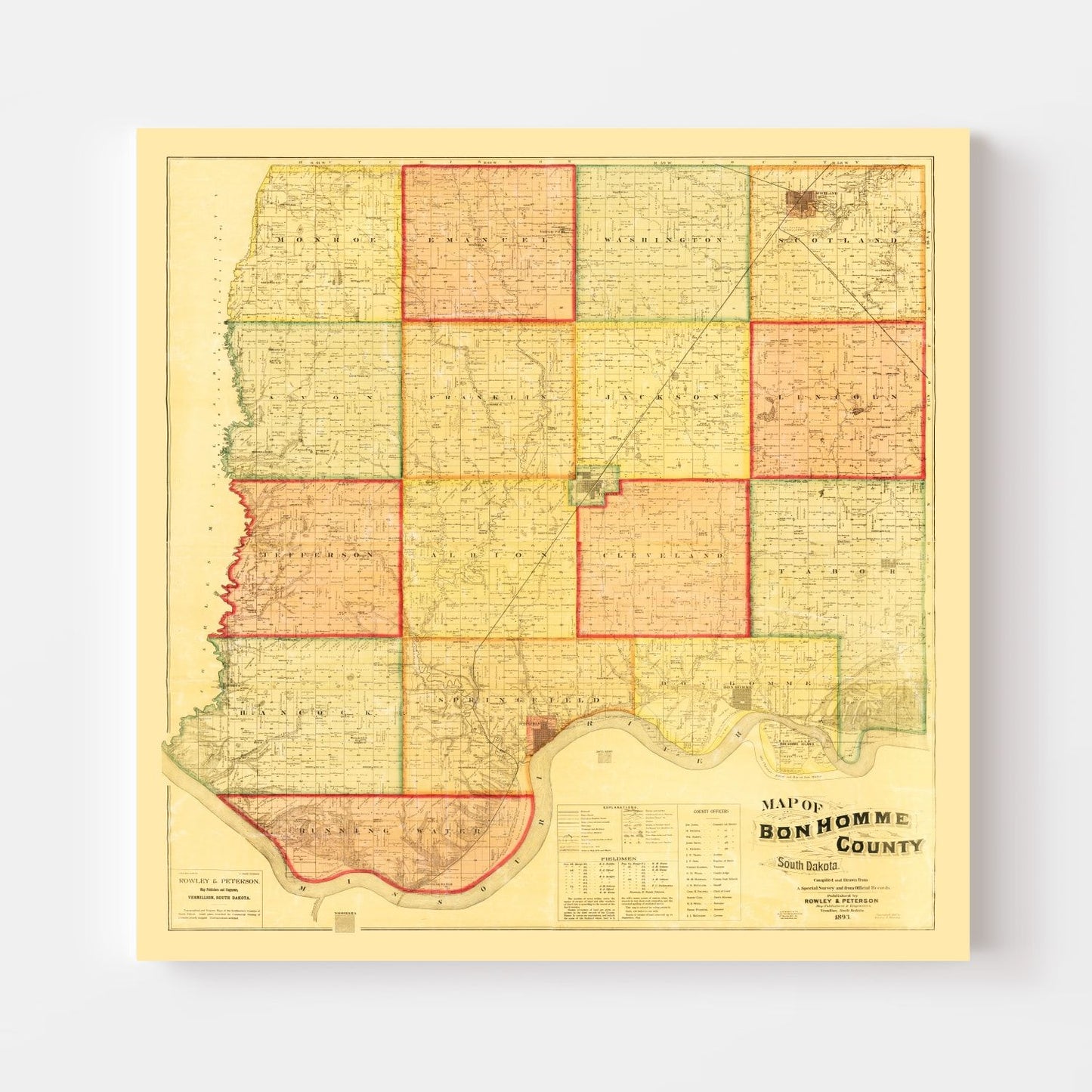 Vintage Map of Bon Homme County, South Dakota, 1893