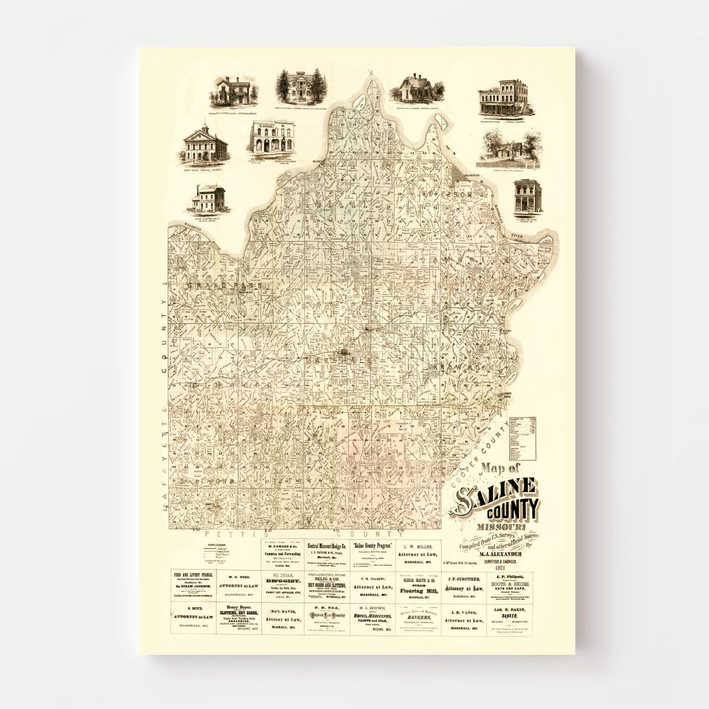 Vintage Map of Saline County, Missouri, 1871