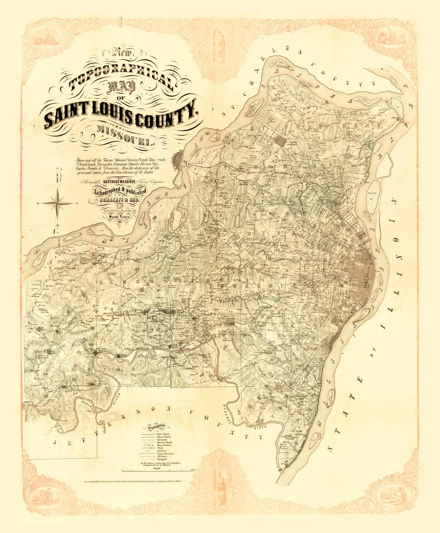 Vintage Map of Saint Louis County, Missouri, 1857
