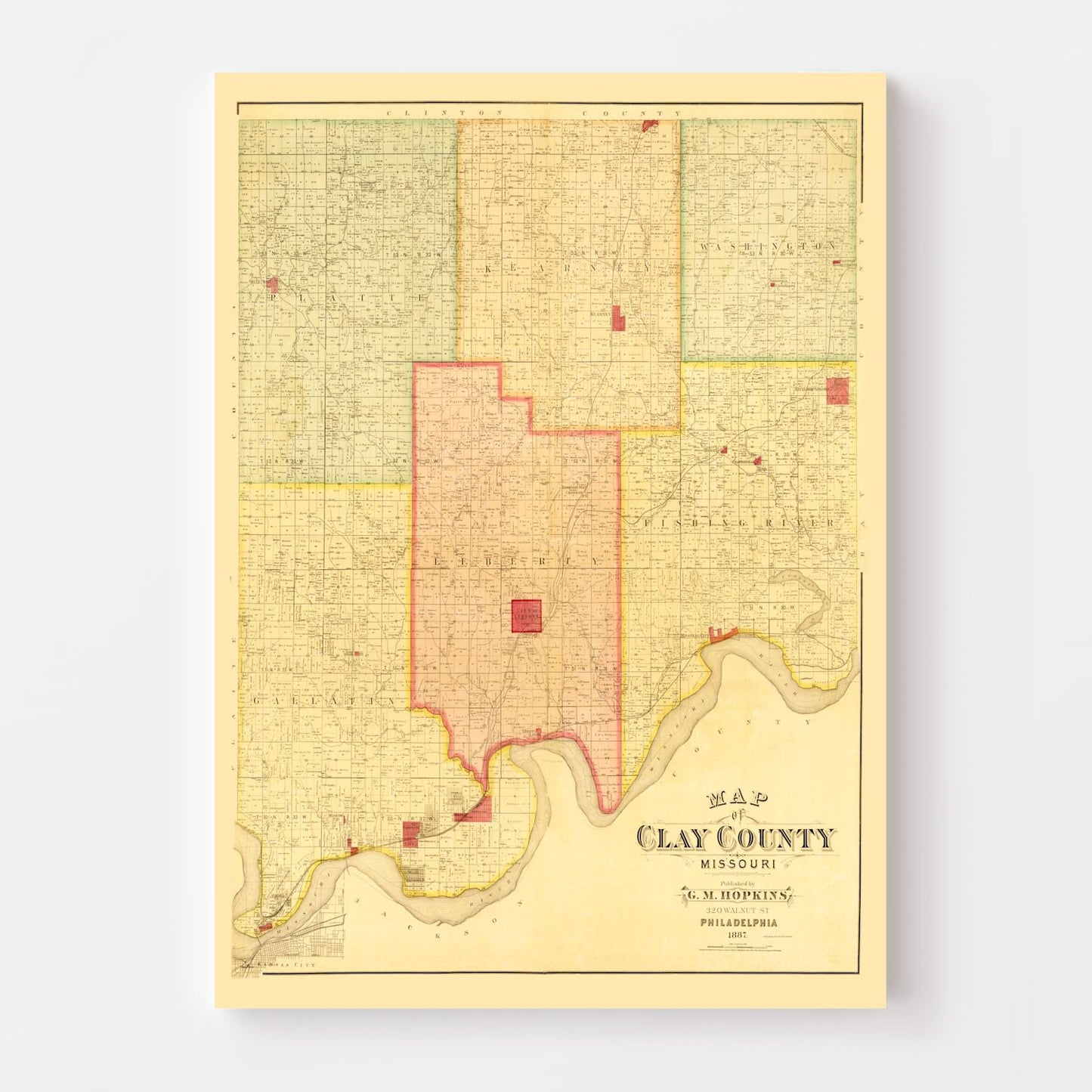 Vintage Map of Clay County, Missouri, 1887
