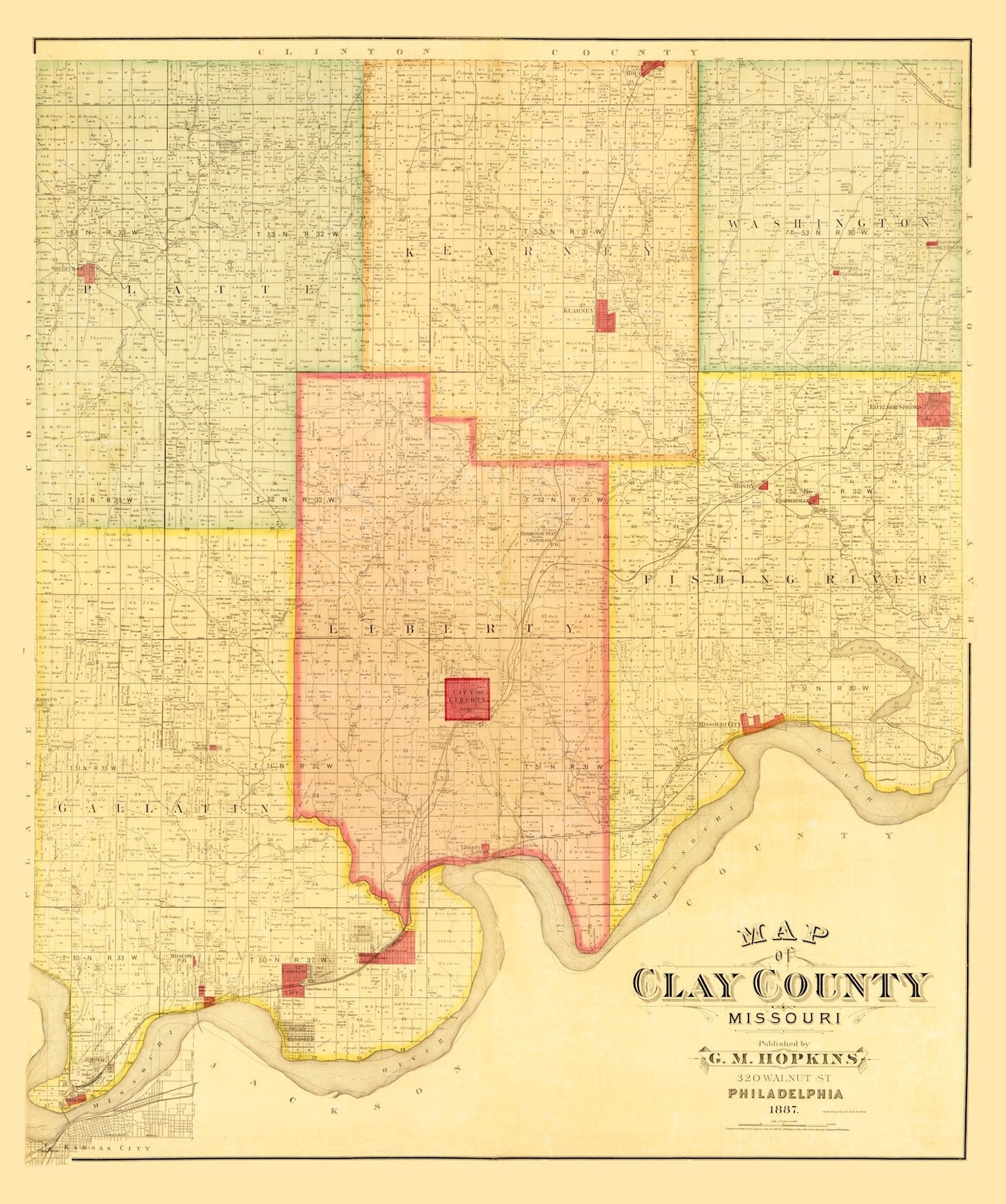 Vintage Map of Clay County, Missouri, 1887