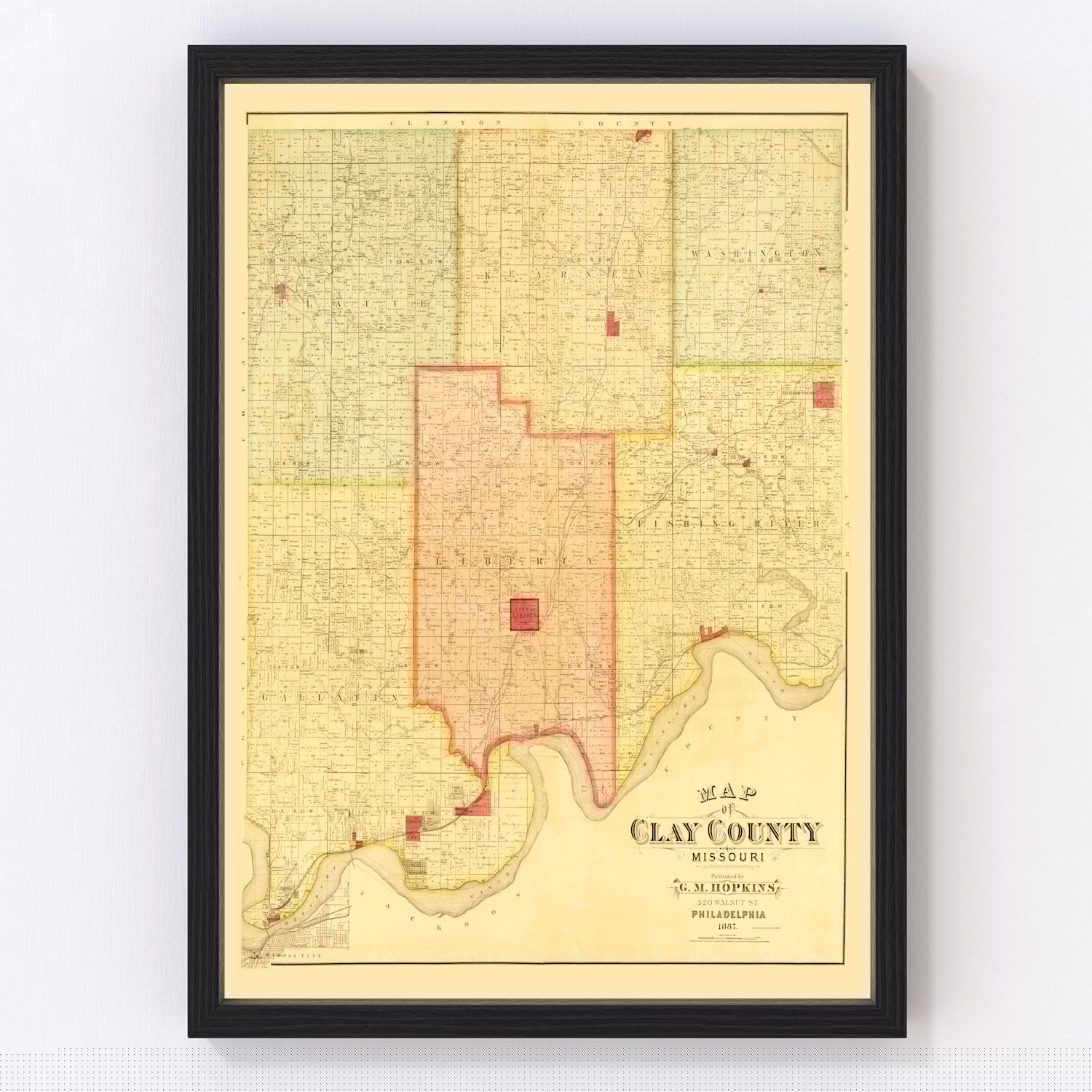 vintage map of Clay County, Missouri, 1887